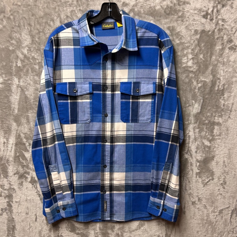 Cabelas Mens Plaid Flannel Long Sleeve Button‎ Up Shirt Large Blue/Black/White